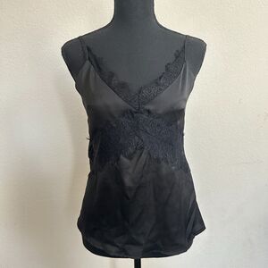 Danity Paris Tank Top Medium Women Y2K Satin Lace Black V Neck Sheer Cut Out